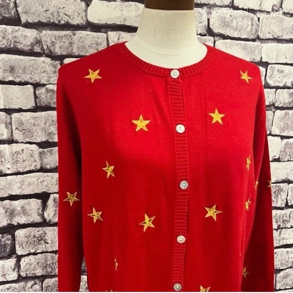 Quacker Factory Red Gold Long Sleeve Cardigan Sweater Size Large - Picture 3 of 9